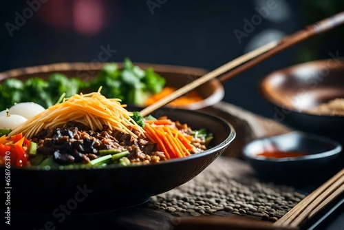 ?The camera is moving closer to show a tasty and well-liked Korean dish called Bibimbap. Sometimes, it can be hard to know what's happening or why something is happening.. AI Generated photo