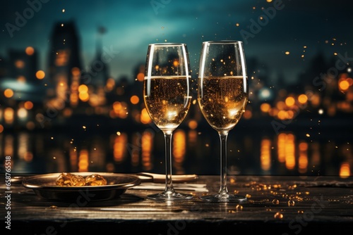 Two glasses of champagne against city skyline on New Year s Eve.