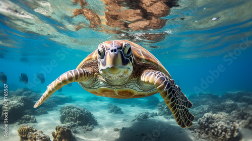 Under water close up view of sea turtle in nature tropical ocean endangered species animal concept. Generative AI