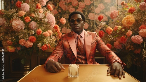 Cinematic stylish African American man in sunglasses with a flower background