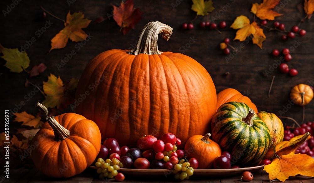 Autumn Harvest Display with Pumpkins, Fruits, and Scattered Leaves Autumn Harvest Display with Pumpkins, Fruits, and Scattered Leaves