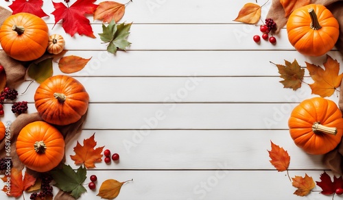Autumn Display Featuring Pumpkins  Berries  and Leaves on a White Wooden Surface  Perfect for Thanksgiving or Halloween  Includes Space for Text