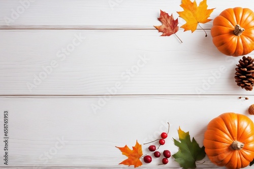 Autumn Display Featuring Pumpkins  Berries  and Leaves on a White Wooden Surface  Perfect for Thanksgiving or Halloween  Includes Space for Text