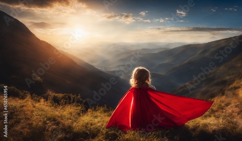 Kid Imagining Being a Superhero Atop a Mountain photo