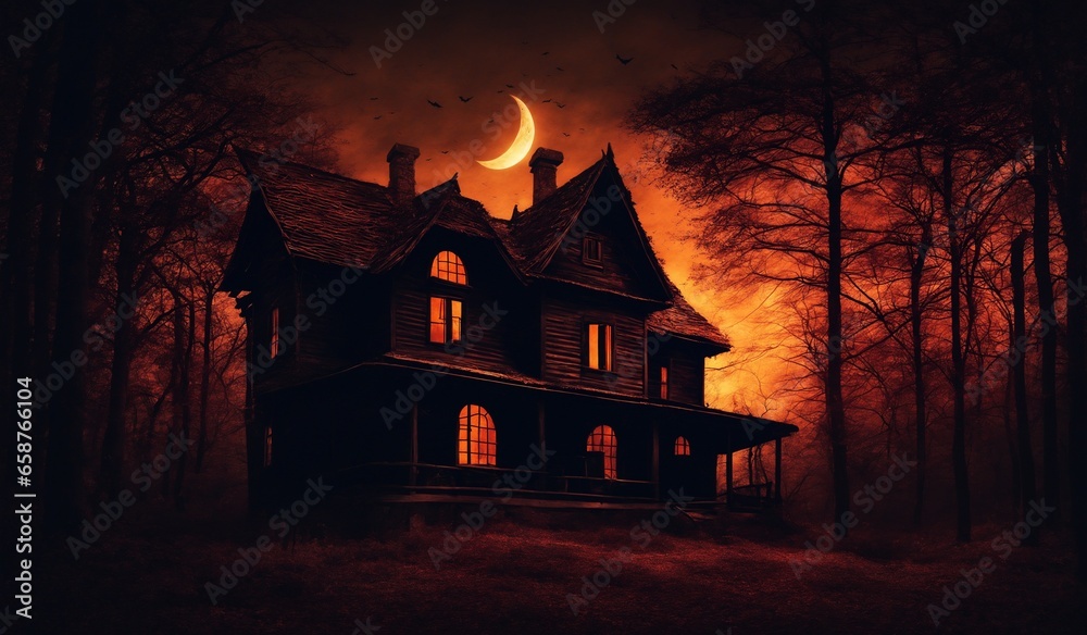 Spooky Halloween Haunted House in a Mysterious Nighttime Forest - obrazy, fototapety, plakaty 
