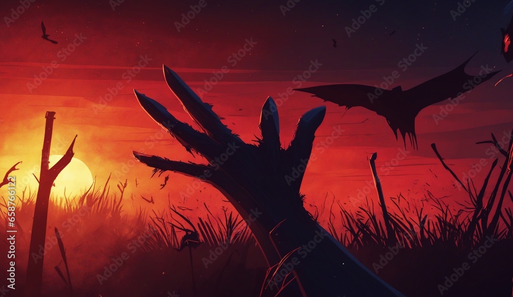 Zombie hands rising in dark Halloween night.