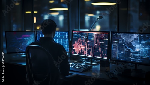 Rear view of young businessman sitting at desk in office and looking at computer monitors with forex chart.