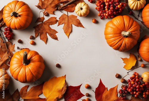Autumn composition. Dried leaves, pumpkins, flowers, rowan berries on white background. Autumn, fall, halloween, thanksgiving day concept. Flat lay, top view, copy space