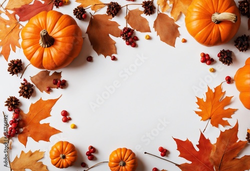 Autumn composition. Dried leaves  pumpkins  flowers  rowan berries on white background. Autumn  fall  halloween  thanksgiving day concept. Flat lay  top view  copy space