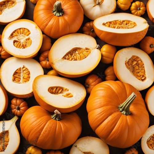 Set of fresh whole and sliced pumpkin