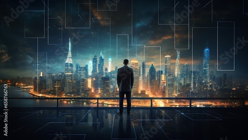 Back view of young businessman looking at night cityscape and digital interface © Gorilla Studio