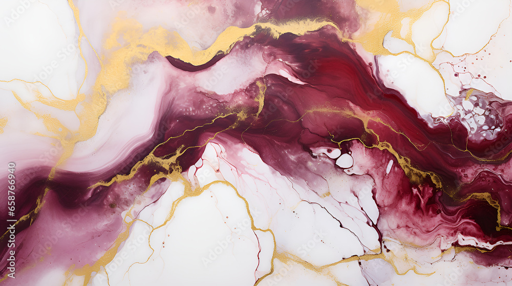 Burgundy, White and Gold Marble Texture, Abstract Background