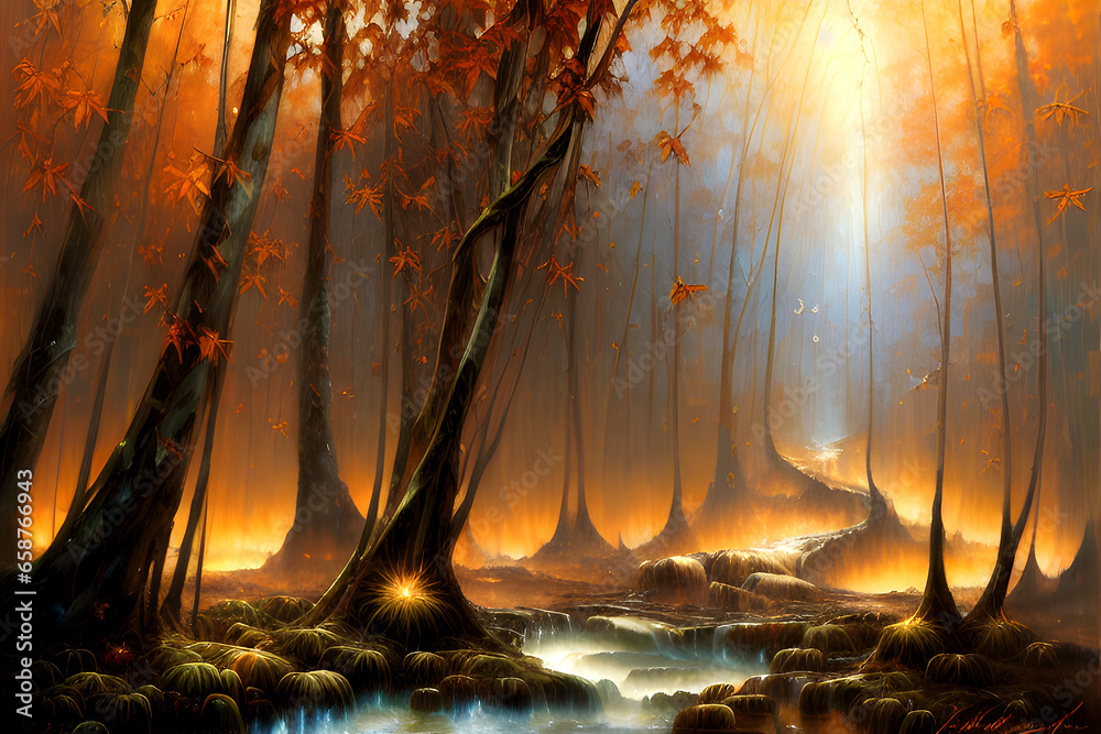 Jesienny krajobraz leśny. Generative AI - obrazy, fototapety, plakaty 