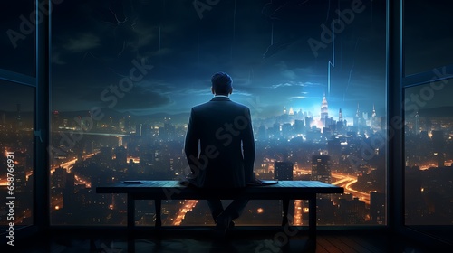 Businessman looking at night city and skyscrapers. Mixed media