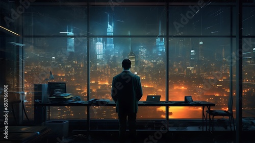 Businessman looking at night city panoramic window. Mixed media
