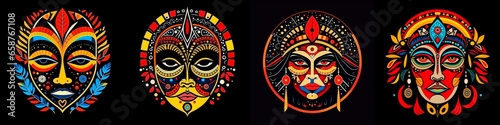 Set of colored ethnic traditional masks with human faces on a black background, tribal decorations.
The unique heritage of the East, Asia, India, Africa, Mexico, Aztec, Peru. Illustration.