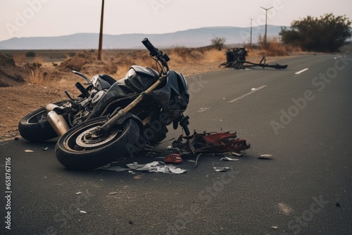 Motorcycle accident on a side of the road, outside of town, destroyed motor