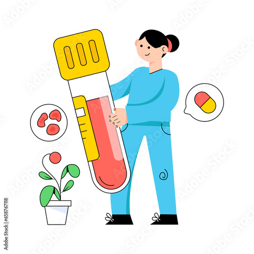 Medical professional holding a large blood sample test tube, laboratory research, healthcare, diagnosis, treatment, blood analysis, science illustration