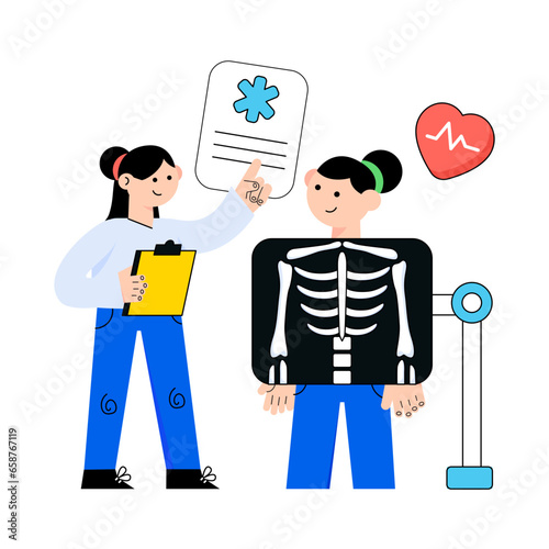 Doctor explaining X-ray to patient, medical examination, healthcare consultation, radiography diagnosis, skeletal imaging, modern illustration, health report analysis