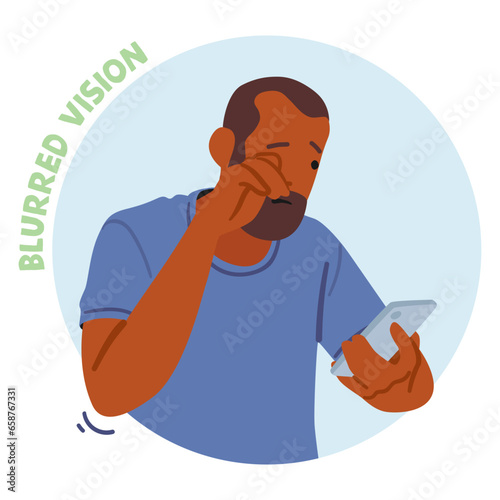 Man Rubbing Eyes Suffering Blurred Vision from Phone Screen, Digital Eye Strain