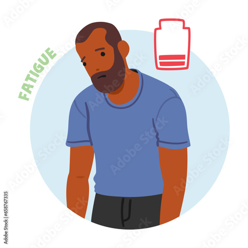 Fatigued Man with Low Energy Battery Icon. Tired Person Feeling Exhausted Illustration.