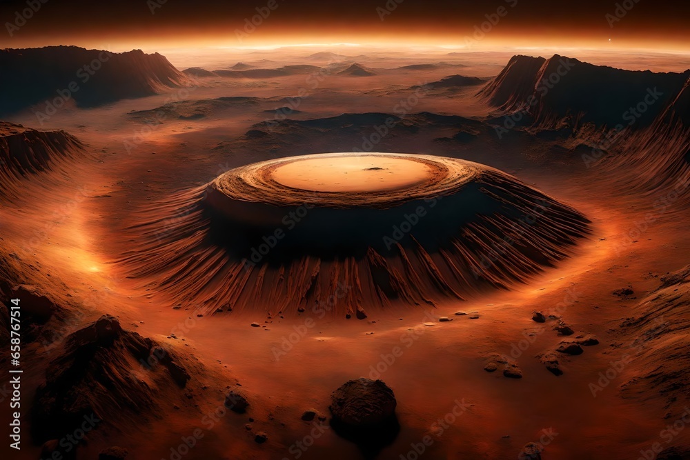 ?A pretty sight of a huge volcano on Mars called Olympus Mons, which is