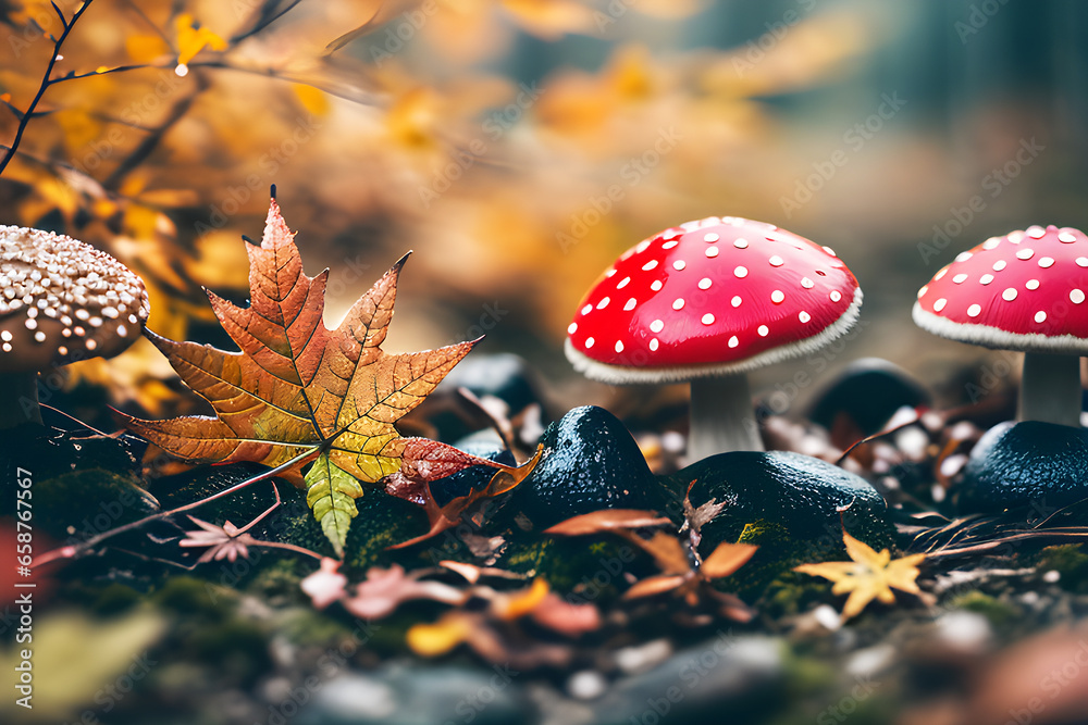 Jesienny czerwony muchomor. Generative AI - obrazy, fototapety, plakaty 