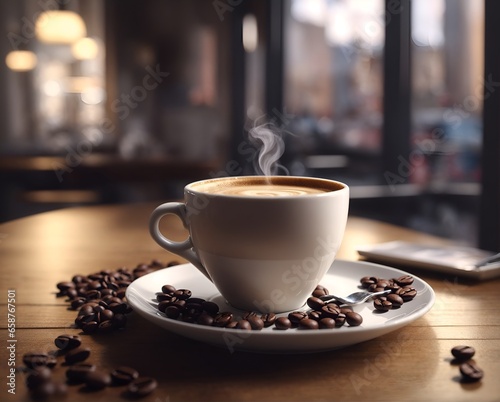 A cup of coffee latte and roasted coffee beans on a wooden table in a modern coffee shop view 