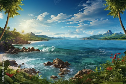 Magical Beach Landscape, Discover Paradise on Earth - Tropical Bliss, Emerald Waves, and Sun-Kissed Shoreline