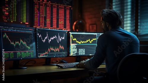 Rear view of young man sitting in front of computer monitors with stock market graphs