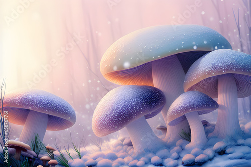 Zima, abstrakcyjny krajobraz z grzybami. Generative AI