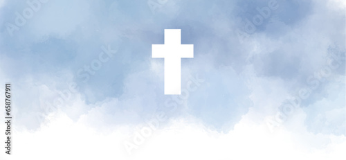 Religious conceptual cross illustration, banner crosses illustration, Simple Christian cross. Blue textured background, cross on the sky. Watercolor vector cross clipart.  Watercolor eps Easter cross 