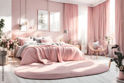 bedroom in room  A cozy pink and grey bedroom interior with a table  chair  and bed