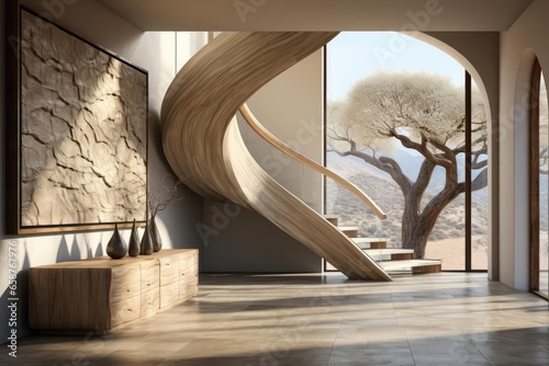 modern minimalist entrance hall with light natural materials with modern art on the walls