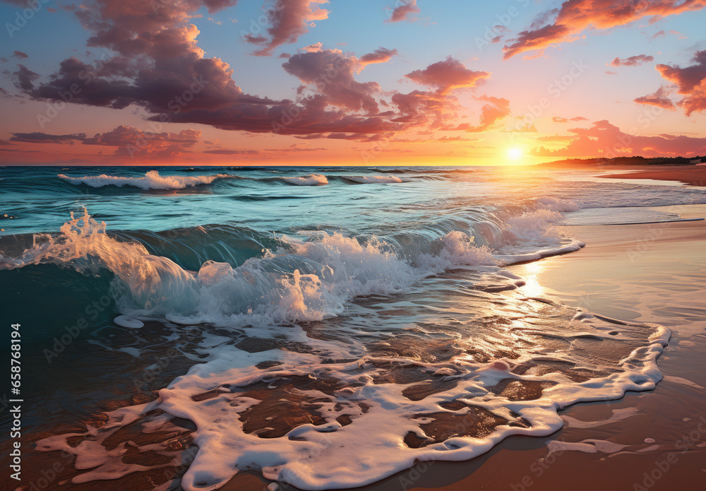 Beautiful seascape with waves on the sand beach at sunset. Sea foam, blue sky and warm breeze.