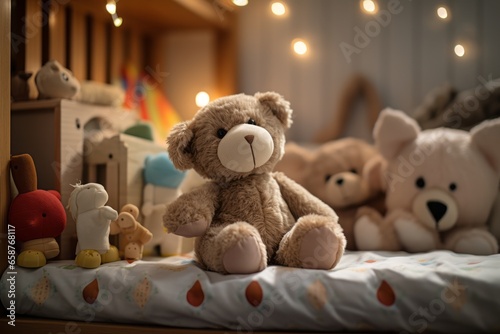Child's crib, bed full of stuffed animals and teddy bear, cozy atmosphere photo