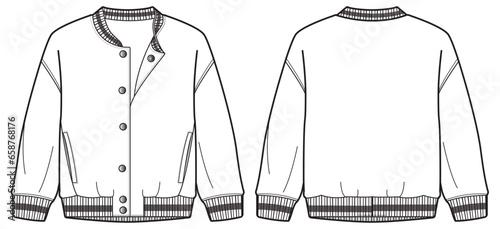 Varsity jacket design flat sketch Illustration front and back view vector template, Sports Baseball Jacket drawing mock up template for men and women photo