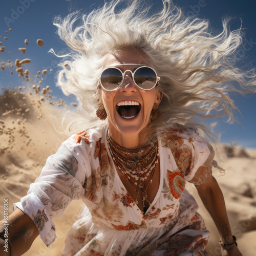 Happy senior gray-haired woman in sundress and sunglasses has fun, dancing on the sand in desert, on the beach. Summer vibes concept