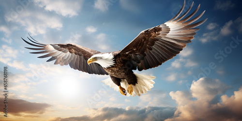 A bald eagle is flying in the sky with the wings spread out