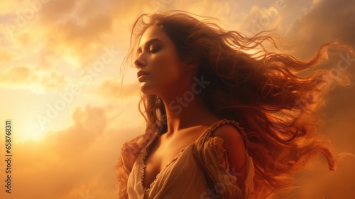 Youthful angel of light surrounded by heavenly clouds and intense radiant sunshine glow, long hair blowing in the wind, eyes closed in meditative thought, pure calm stillness. © SoulMyst