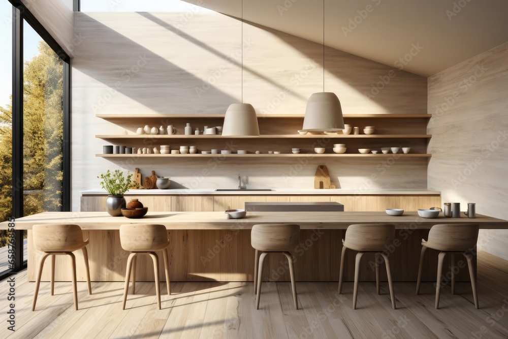 modern minimalist kitchen with light natural materials with modern art on the walls - obrazy, fototapety, plakaty 