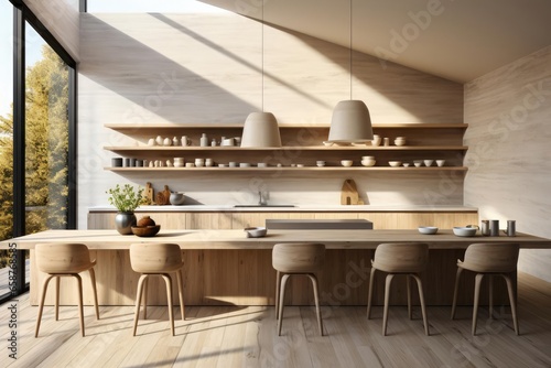 modern minimalist kitchen with light natural materials with modern art on the walls photo