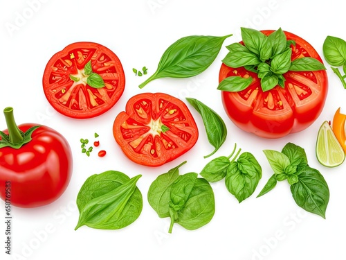 Beautyful red food, cooking, diet or garden design element made of ripe whole and sliced tomatoe background.