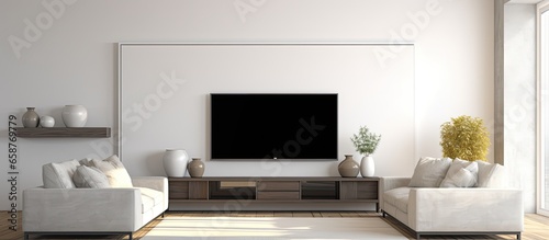 A room with two couches and a big TV on the wall With copyspace for text