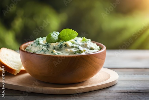 ?The image is a close-up of a creamy dip made with spinach and artichoke, and there is a bright light shining in the background.. AI Generated