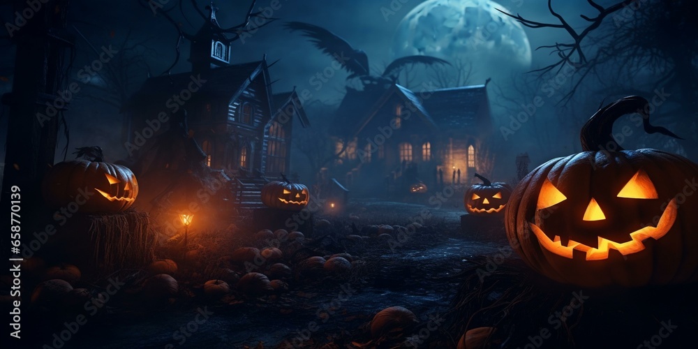 halloween night sceen scary haunted house pumkins jack-o-lanterns background cinematic halloween night sceen scary haunted house pumkins jack-o-lanterns background cinematic