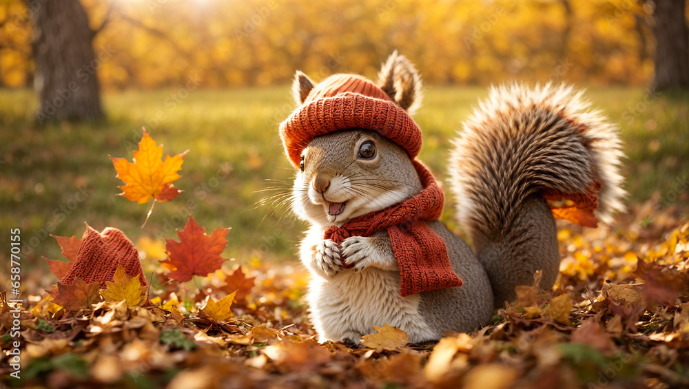 Naklejka premium Cute cartoon squirrel in a clearing with autumn leaves