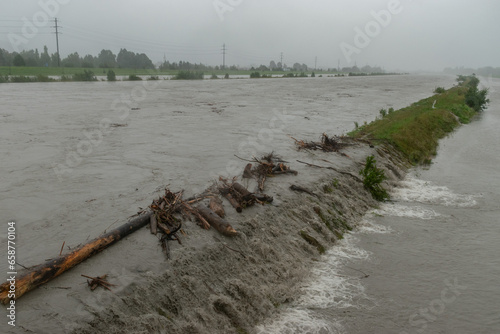 Strong flood at the rhine river in Diepoldsau in Switzerland