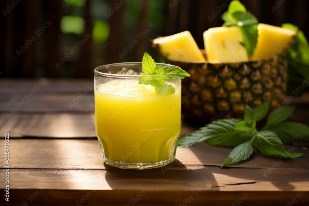 Fototapeta premium A Refreshing Glass of Pineapple Basil Juice Set on a Rustic Wooden Table, Bathed in the Warm Glow of Morning Sunlight
