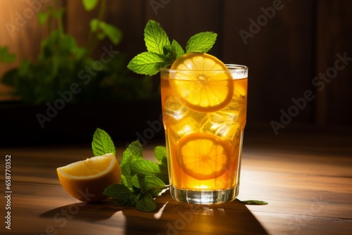 An inviting glass of Orange Ginger Cooler, beautifully garnished with a slice of orange and sprig of mint, resting on a rustic wooden table bathed in soft, warm sunlight